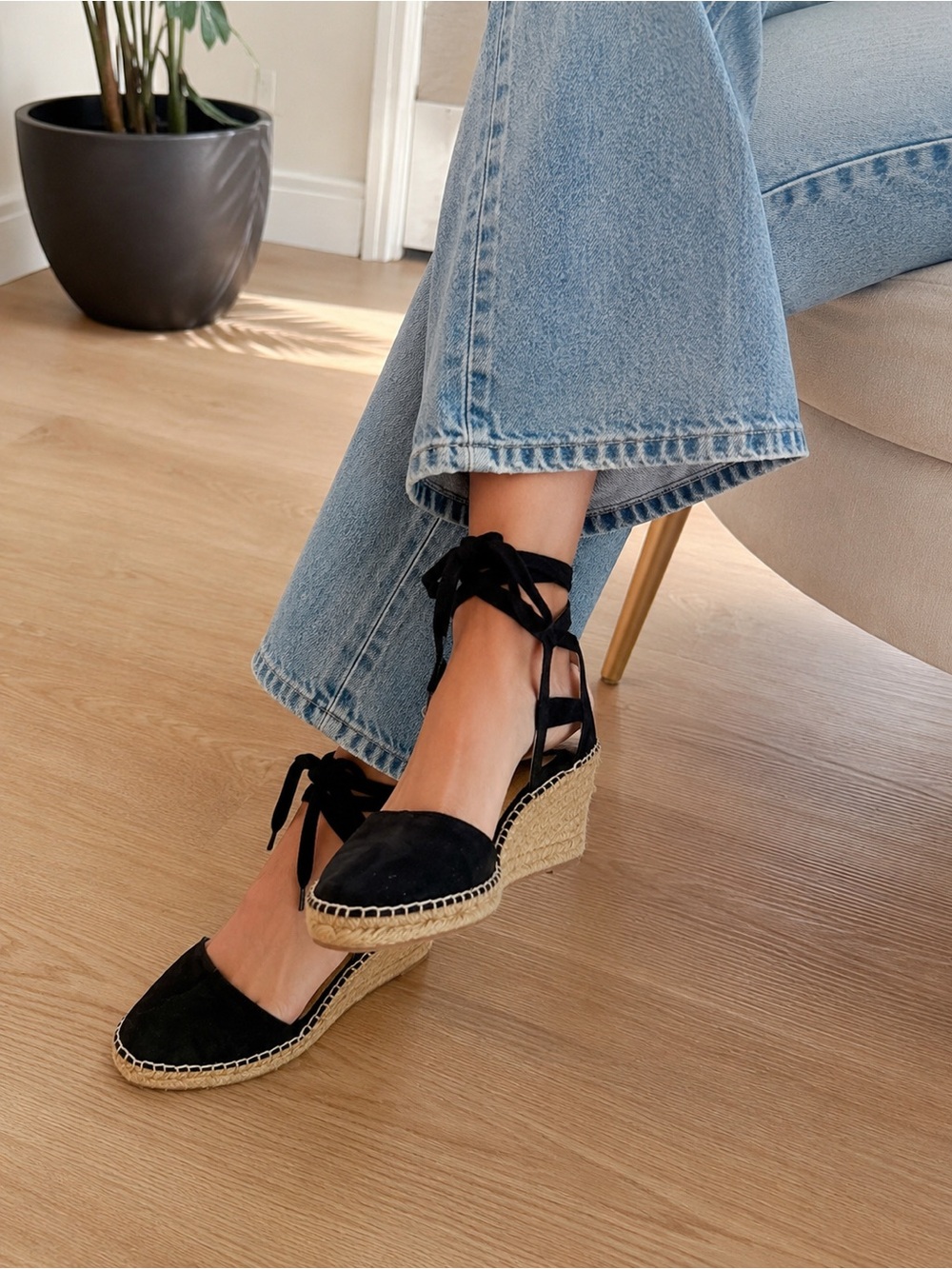 Abeo Black Espadrille Wedge Ankle-Tie Sandals